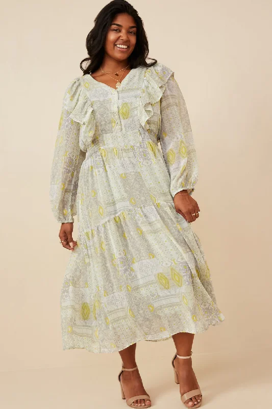 Plus size dresses with fitted bodices shape beautifully -Patch Print V Neck Ruffled Long Sleeve Dress