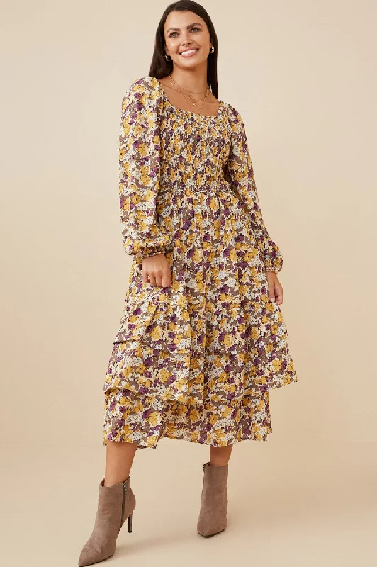 Plus size dresses with unique patterns catch eyes -Floral Print Smocked Bodice Tiered Dress