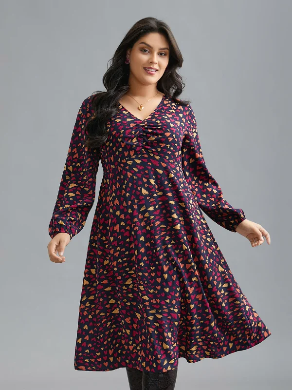 Plus size dresses for chic evenings glow quietly -Multi-Color Hearts Pattern Stretchy Waist Dress