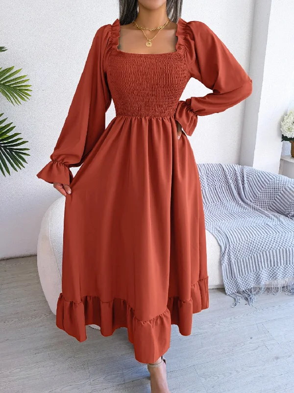 Plus size dresses featuring mesh overlays feel chic -Smocked Square Neck Flounce Sleeve Dress