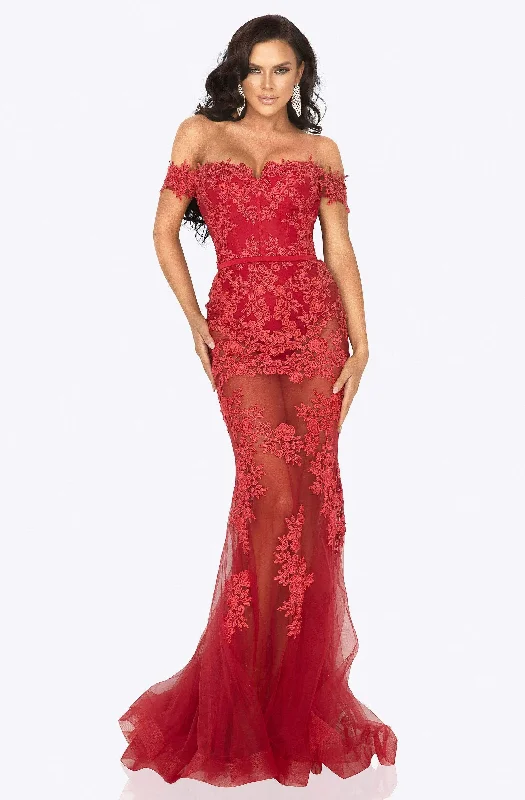 Plus size dresses with elastic waists stretch easily -Terani Couture - 2012P1471 Floral Embroidered Off-Shoulder Dress