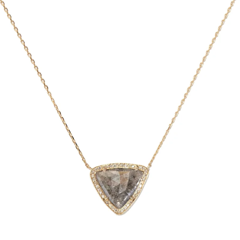 Necklaces and pendants with lotus flower designs for a spiritual, peaceful vibe-14 Karat Yellow Gold "Stella" Triangular Grey Diamond Slice Necklace with Pave Diamond Halo