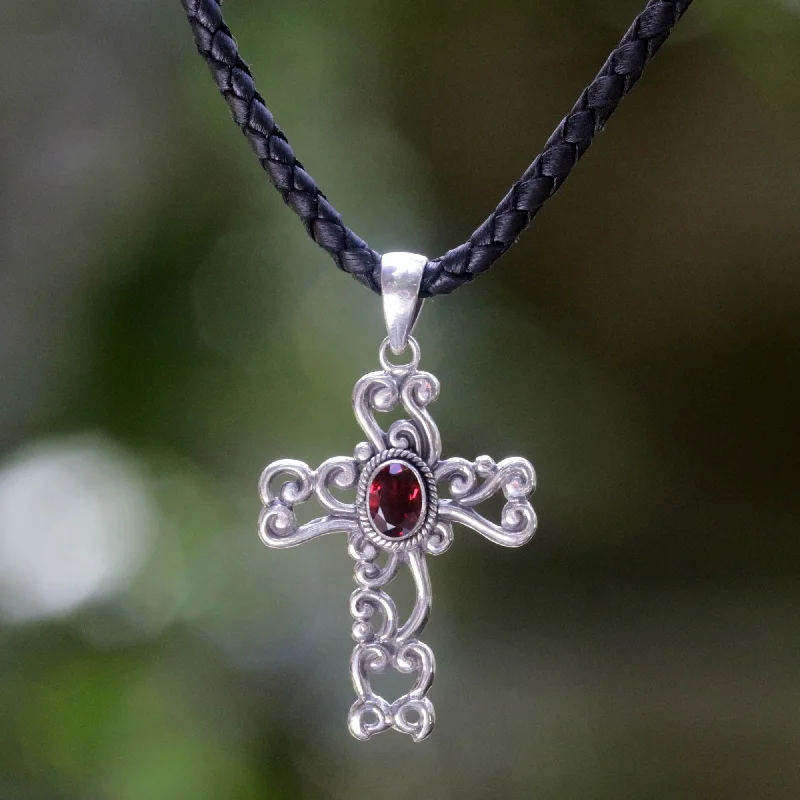 Necklaces and pendants with custom engravings for a personal, meaningful gift-Balinese Cross Silver & Garnet Pendant Necklace