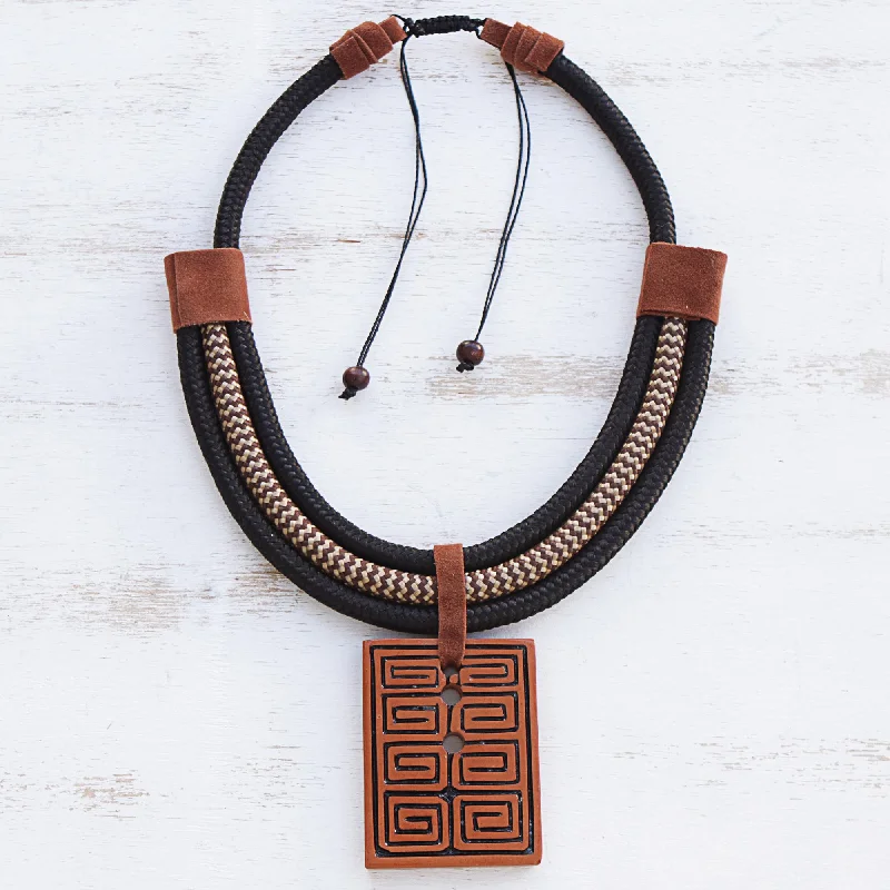 Necklaces and pendants with sun and moon motifs for a celestial-inspired design-Rectangular Labyrinth Rectangular Ceramic Pendant Necklace from Brazil