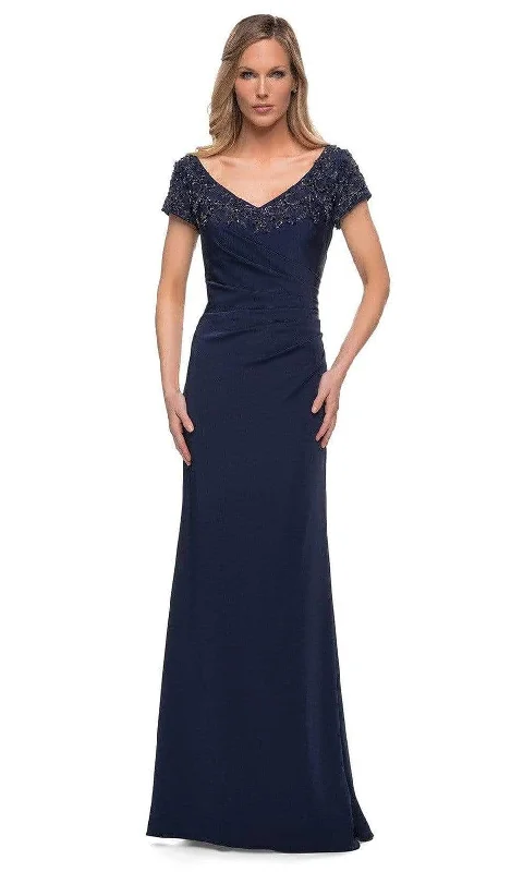 Stylish plus size dresses with stretch fabric flatter all -La Femme - 28321 V-Neck Fitted Evening Dress