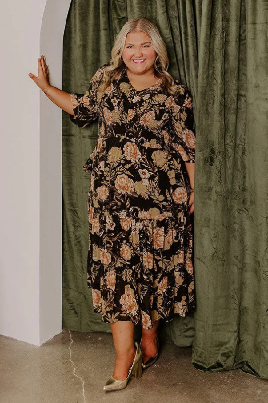 Plus size dresses with shiny threads reflect light -Ethereal Moments Floral Midi Curves