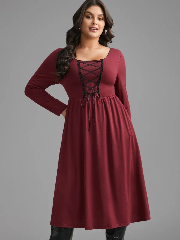 Plus size dresses in soft fabrics feel cozy -Square Neck Lace Panel Lace Up Dress