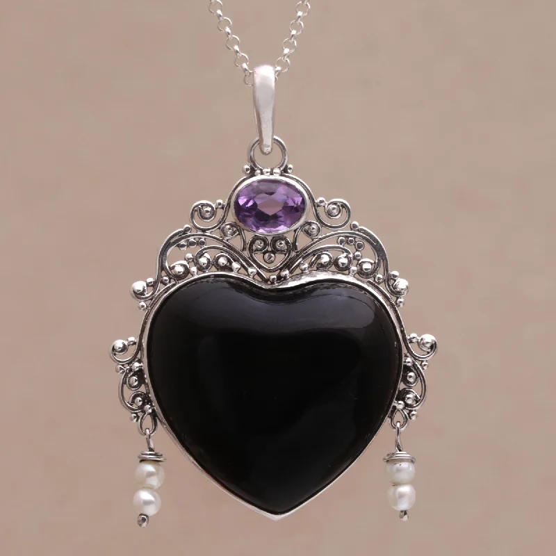 Personalized necklaces and pendants with coordinates for a meaningful location-based gift-Love Like Midnight Amethyst Cultured Pearl Silver Black Bone Heart Necklace