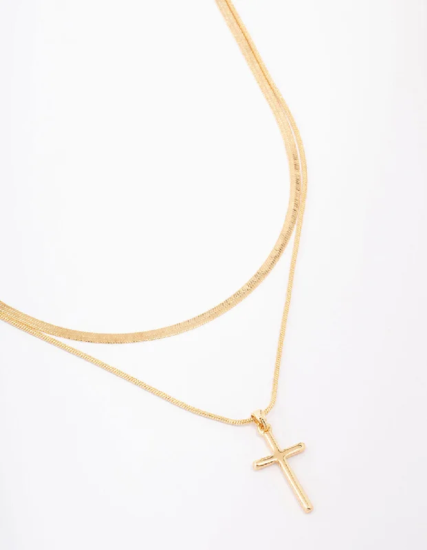 Necklaces and pendants with love knot designs for a romantic, meaningful symbol-Lovisa - Gold Plated Classic Plain Cross Snake Layered Necklace