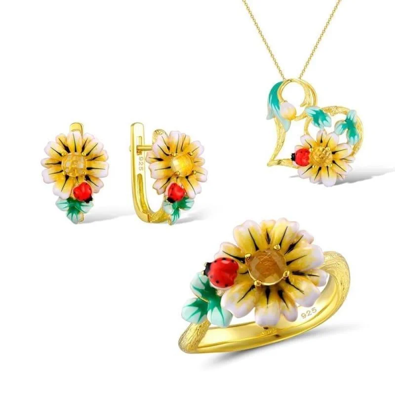 Stunning necklaces and pendants with ruby gemstones for a luxurious red hue-Enamel Sunflower  Ring Earrings Pendent Necklace 925 Sterling Silver Fashion Jewelry Set