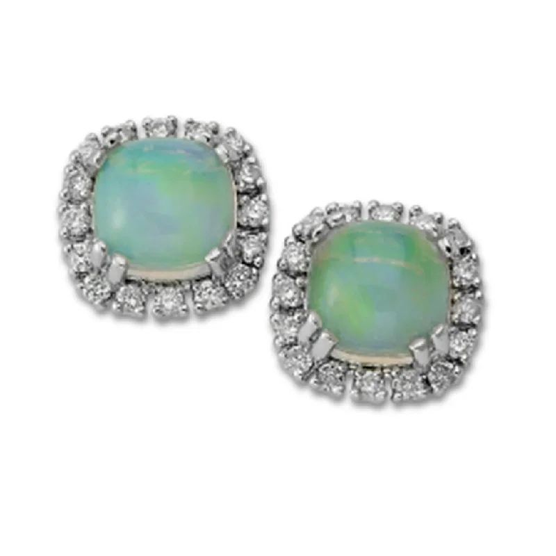 Vintage Stud Earrings with Patina -14K White Gold 2.25ctw Cushion Opal & Diamond Halo Stud Earrings by Samuel B.