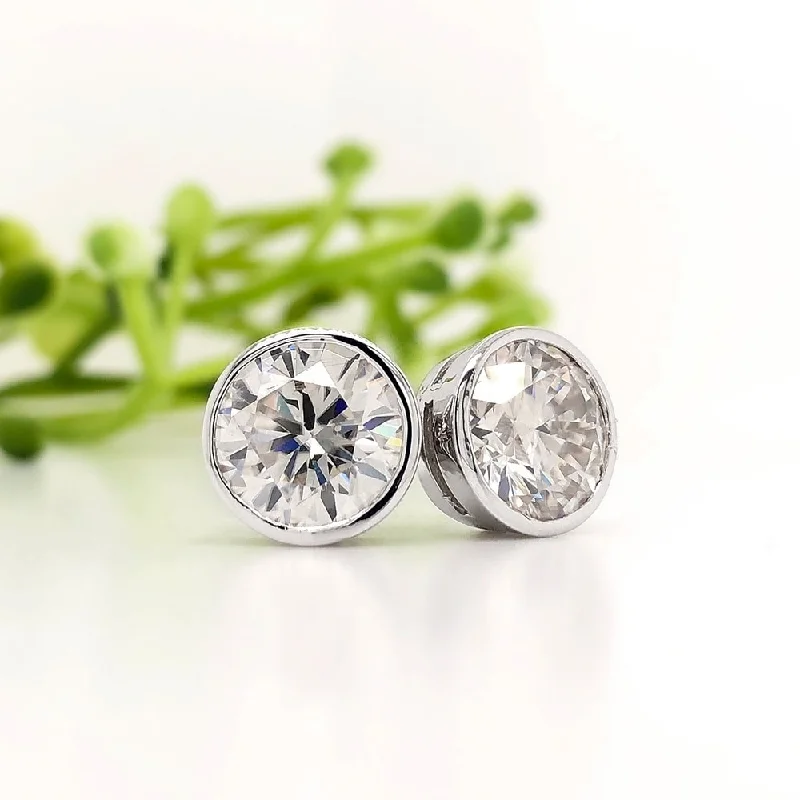 Stud Earrings with Abstract Designs -Auriya 3ctw Round Bezel-set Moissanite Stud Earrings Platinum - 7.4 mm