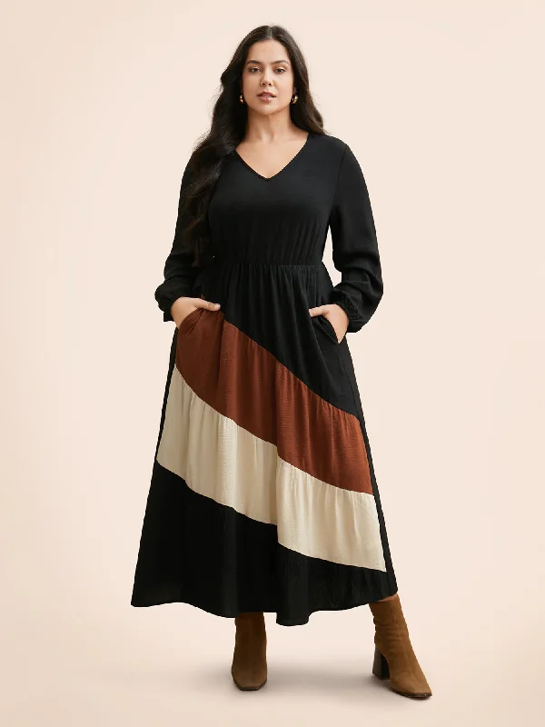 Plus size dresses for every mood adapt well -Colorblock Contrast Gathered Lantern Sleeve Dress