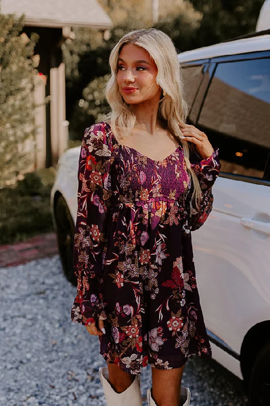 Plus size dresses featuring ruffle details add charm -Vino Sippin' Floral Mini Dress