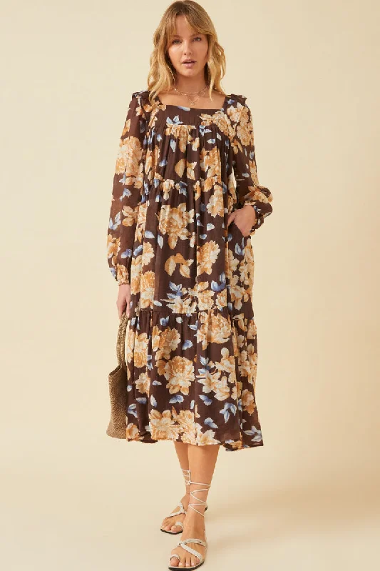 Elegant plus size dresses for weddings fit beautifully -Romantic Floral Square Neck Long Sleeve Dress