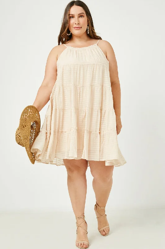 Plus size dresses with shiny threads reflect light -Texture Stripe Tiered Halter Mini Dress