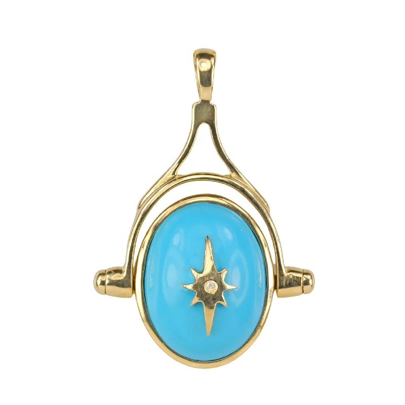 Best necklaces and pendants with butterfly pendants for a delicate, light style-10 Karat Yellow Gold Oval Turquoise Spinning Pendant with Star Overlay