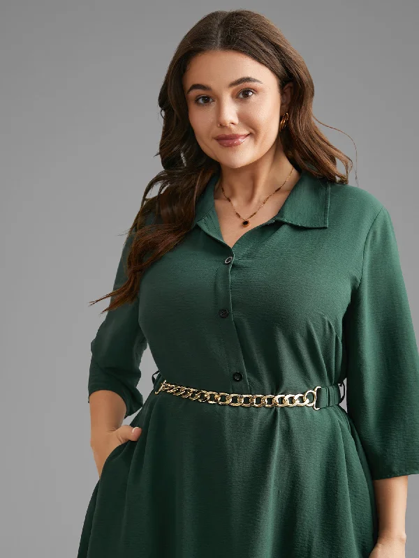 Plus size dresses featuring tiered skirts feel fun -Shirt Collar Button Up Metal Chain Detail Dress