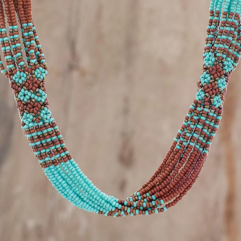 Best necklaces and pendants with heart-shaped designs for a romantic look-Harmonious Elegance in Brown Brown and Turquoise Blue Glass Beaded Strand Necklace