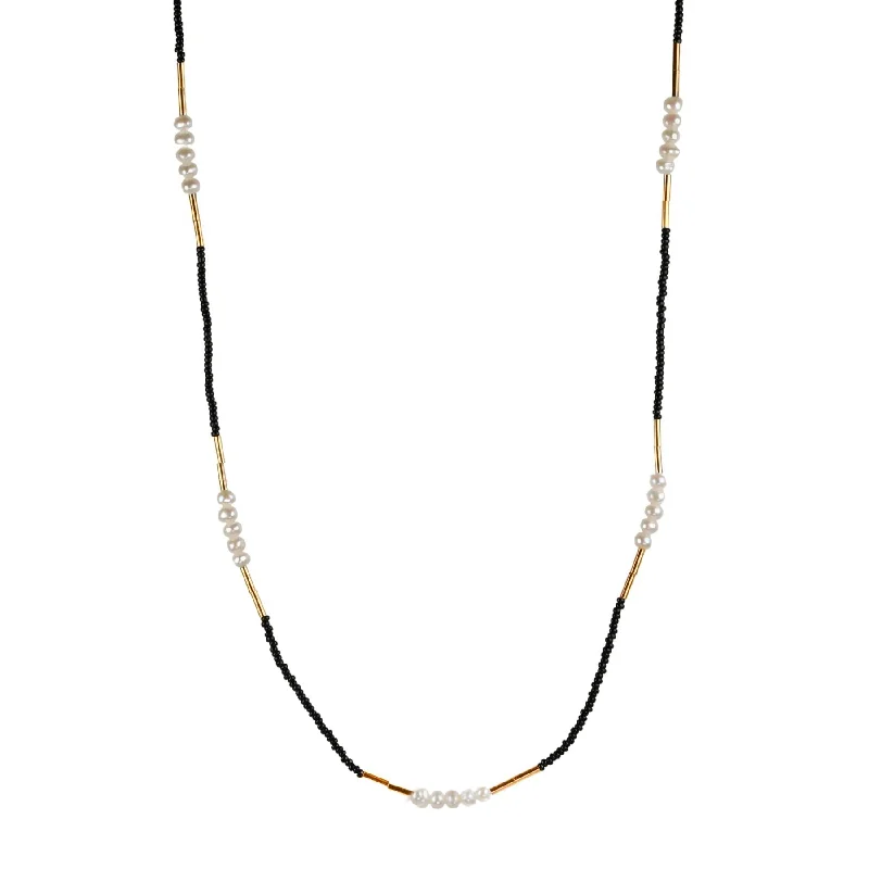 Unique necklaces and pendants with gemstones for a colorful and vibrant statement-Black Seed Bead, 2 Pearl & Gold Vermeil Tube Bead Station Necklace