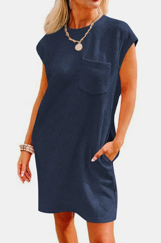 Plus size dresses for autumn days feel cozy -Textured Round Neck Cap Sleeve Dress