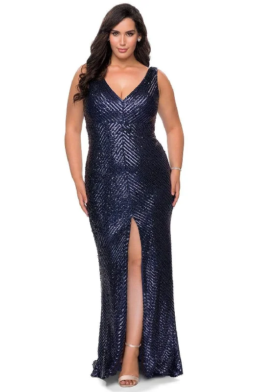 Plus size dresses for celebrations shine with style -La Femme - 28796 Sequined V-Neck Modest Prom Dress with Slit