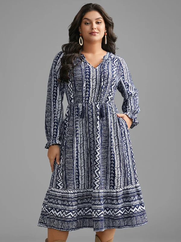 Plus size dresses featuring striped patterns are fresh -Bandana Geometric Tassels Tie Knot Dress