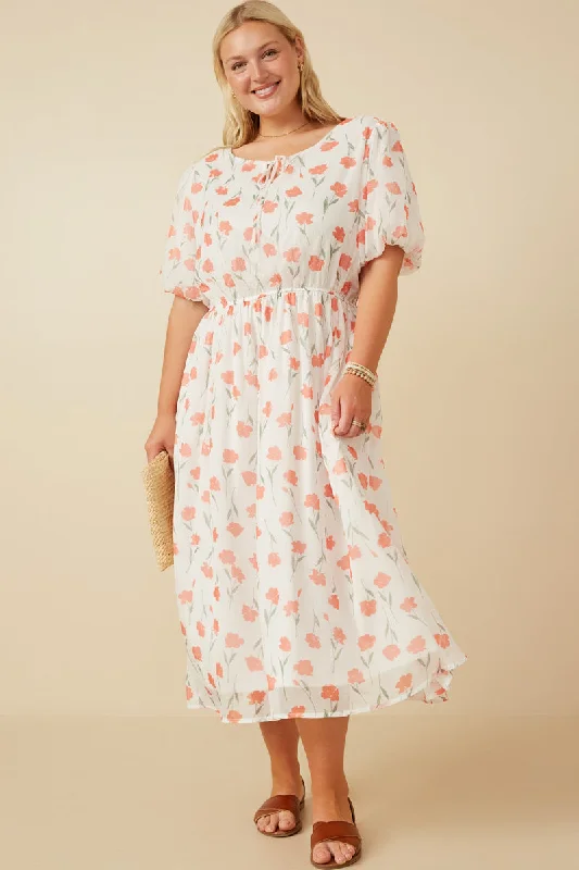 Plus size dresses with tough fabrics age well -Tie Neck Floral Puff Sleeve Dress