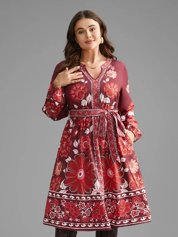 Plus size dresses with flexible fits adapt easily -Boho Print Belted Lantern Sleeve Dress