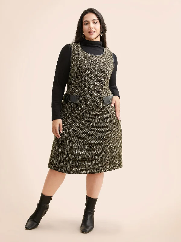 Plus size dresses with stretchy knits hug curves -Tweed Patchwork Flap Pocket Dress