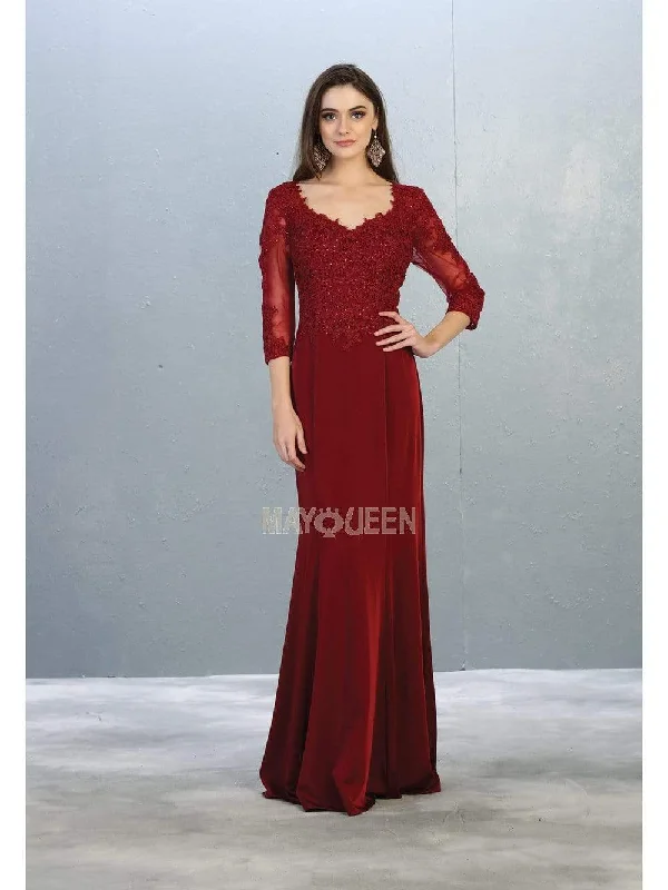 Plus size dresses for bold looks stand out -May Queen - MQ1811 Appliqued Quarter Sleeve Scoop Bodice Dress