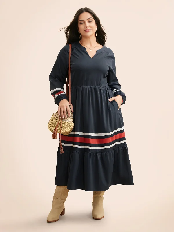 Plus size dresses with wrap fronts fit well -Contrast Striped Notched Ruffle Hem Dress