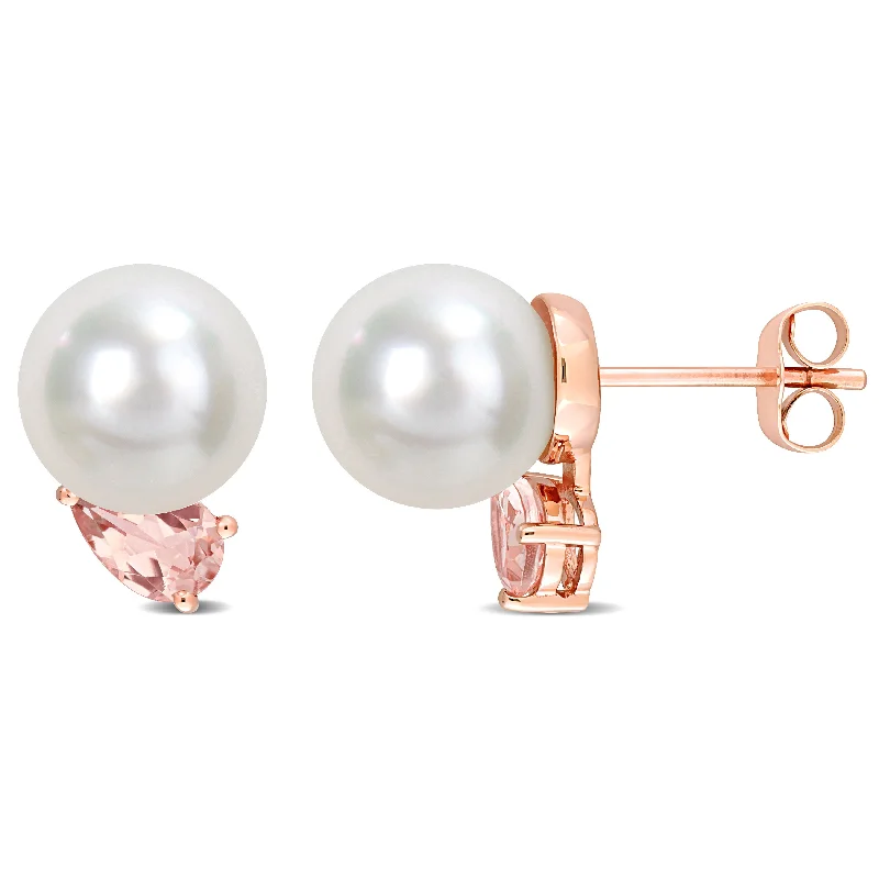 Stud Earrings with Abstract Designs -Mimi & Max 8-9mm South Sea Cultured Pearl and 4/5ct TGW Morganite Stud Earrings in 14k Rose Gold