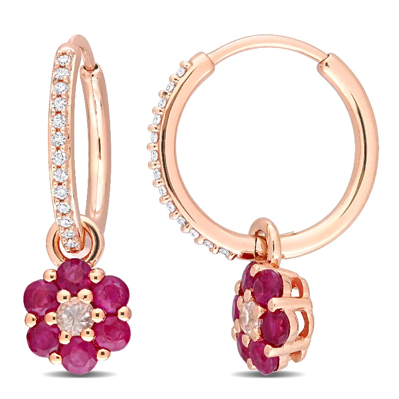 Hoop earrings with multi-tone finishes for a colorful and layered effect-1 1/10 CT TGW White Sapphire Ruby and 1/8 CT TW Diamond Floral Hoop Earrings in 10k Rose Gold