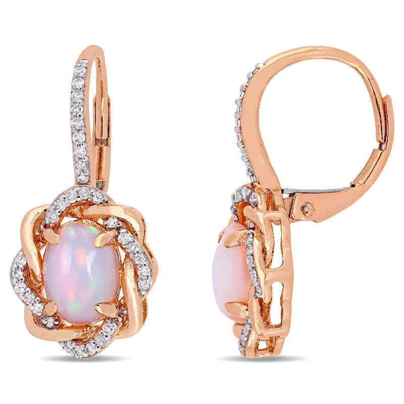 Best hoop earrings with detachable studs for a versatile and adjustable accessory-1 1/2 CT TGW Blue Ethiopian Opal and 1/4 CT TW Diamond Halo Leverback Earrings in 10K Rose Gold