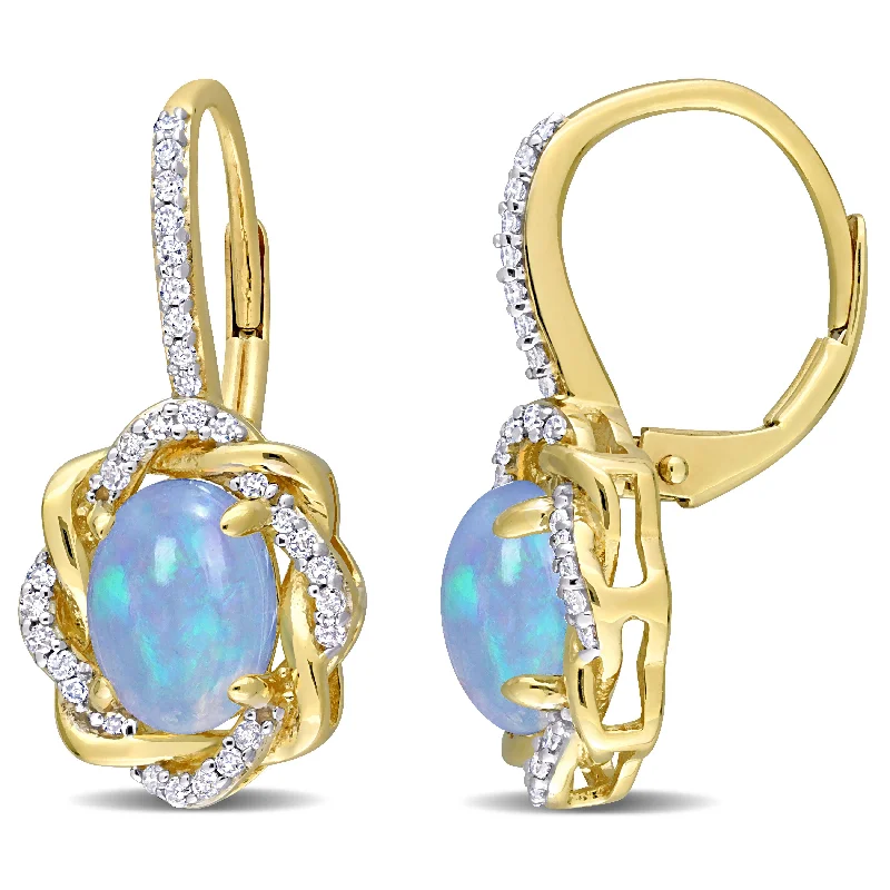 Best hoop earrings with snake-inspired designs for an edgy and fierce vibe-1 1/2 CT TGW Blue Ethiopian Opal and 1/4 CT TW Diamond Halo Leverback Earrings in 10K Yellow Gold