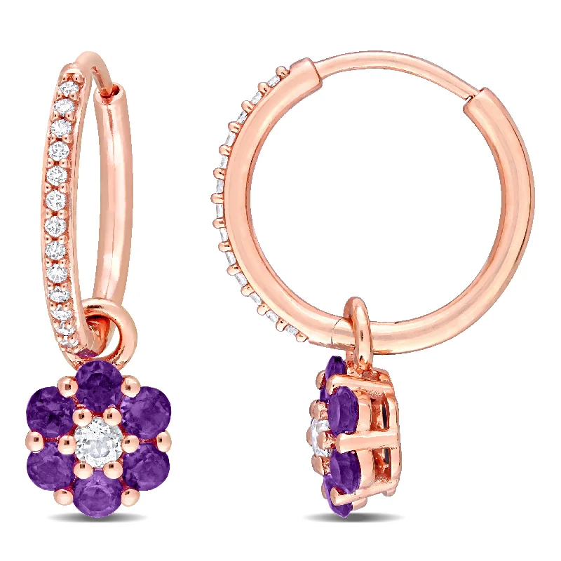 Best hoop earrings with smooth ceramic finishes for a polished, clean style-1 1/4 CT TGW Amethyst nd White Topaz and 1/8 CT TDW Diamond Floral Huggie Earrings in 10k Rose Gold