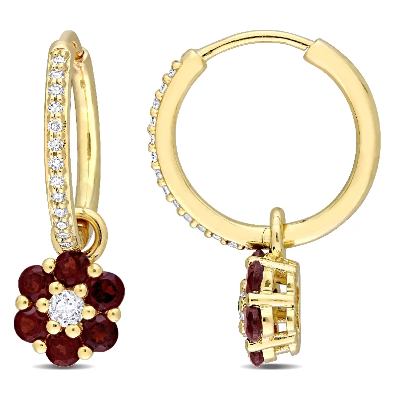 Best hoop earrings with multi-colored gemstones for a vibrant and lively touch-1 1/4 CT TGW White Topaz Garnet and 1/8 CT TW Diamond Floral Hoop Earrings in 10k Yellow Gold