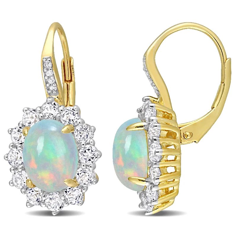 Best hoop earrings with oval shapes for a unique and elongated design-1 3/4 CT TGW Oval Shape Blue Ethiopian Opal and White Topaz and Diamond Accent Halo Leverback Earrings in Yellow Plated Sterling Silver