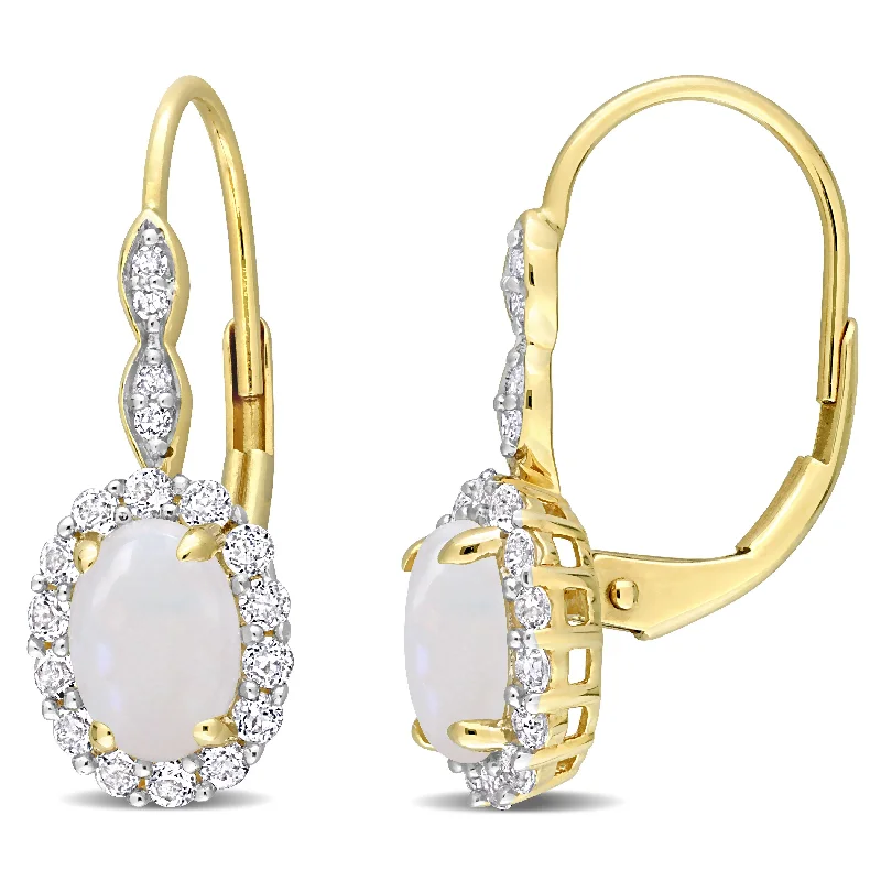 Best hoop earrings with minimalist designs for a clean and modern aesthetic-1 3/4 CT TGW Oval Shape Opal and White Topaz and Diamond Accent Halo Leverback Earrings in 14K Yellow Gold