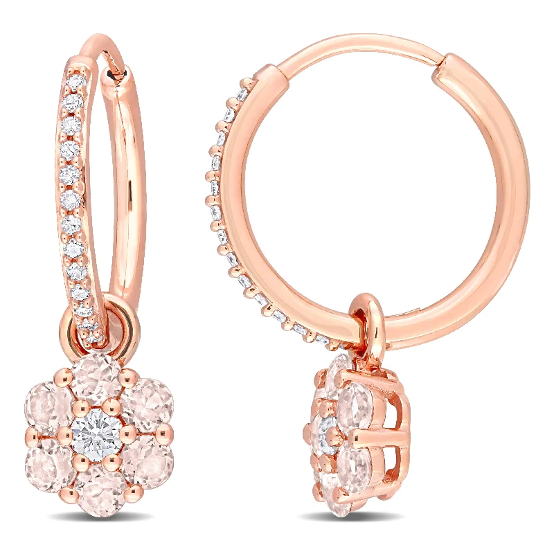 Hoop earrings with artistic filigree designs for an intricate, delicate finish-1 CT TGW White Topaz Morganite and 1/8 CT TW Diamond Floral Hoop Earrings in 10k Rose Gold