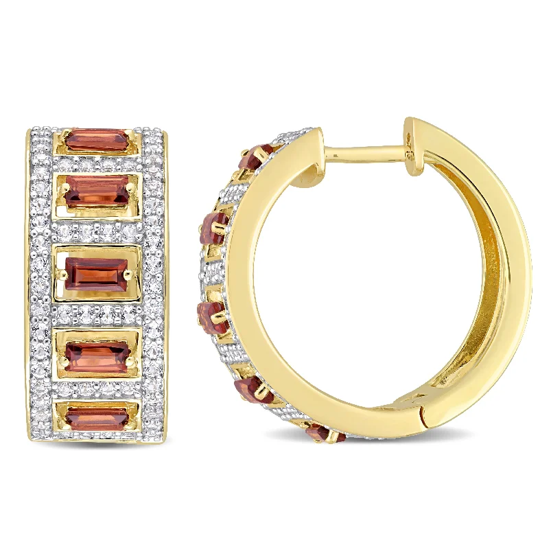 Hoop earrings with a matte finish for a sleek and sophisticated appearance-2 7/8 CT TGW  Baguette Garnet and White Topaz Hoop Earrings in Yellow Plated Sterling Silver