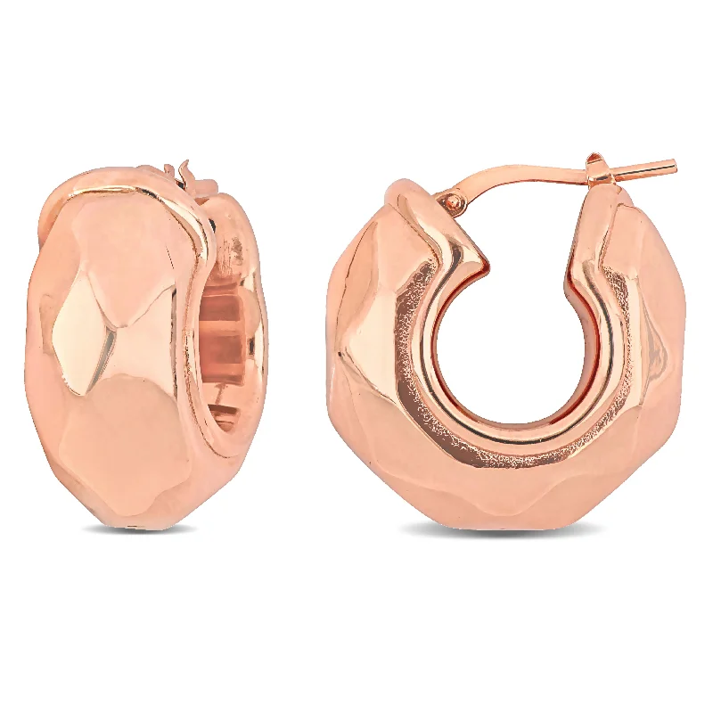 Large hoop earrings for a bold and statement-making fashion accessory-23 MM Wide Diamond Cut Huggie Earrings in Rose Plated Sterling Silver