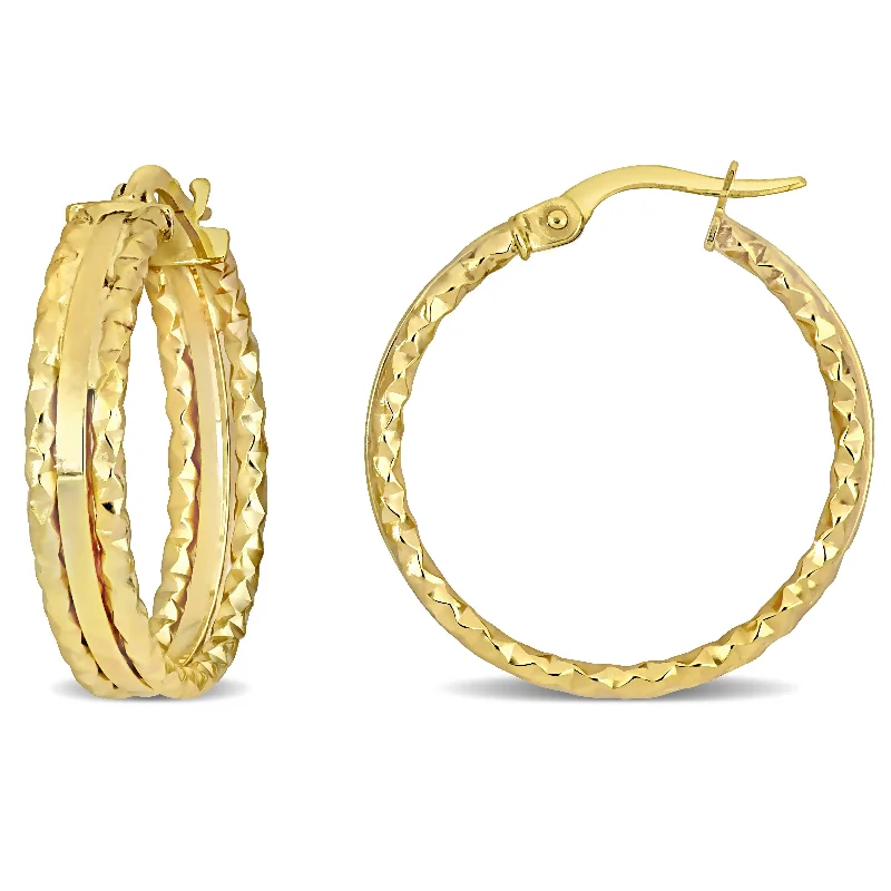 Hoop earrings with multi-tone finishes for a colorful and layered effect-25 MM 3-Row Texture and Polished Hoop Earrings in 10K Yellow Gold