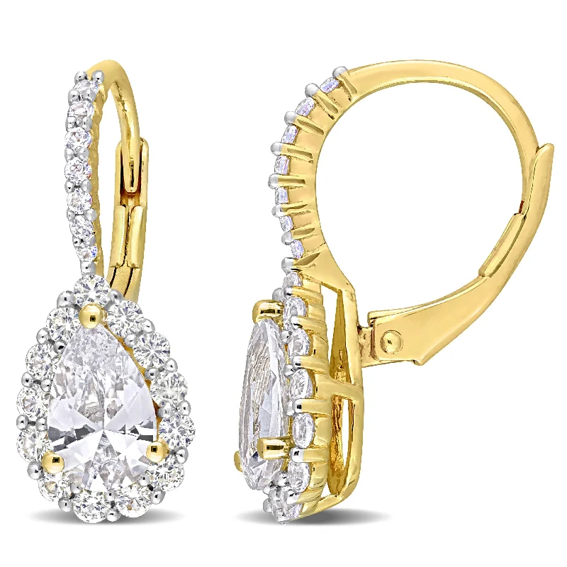 Hoop earrings with rhinestone-studded rims for a glamorous touch-3 5/8 CT TGW Created White Sapphire Teardrop Leverback Earrings in Yellow Plated Sterling Silver