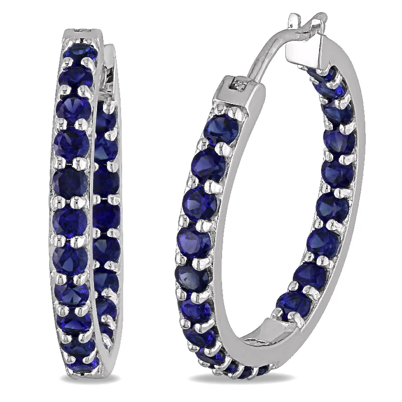 Best hoop earrings with vintage rhinestone embellishments for a retro-glam effect-3.6 CT TGW Created Blue Sapphire Inside Outside Hoop Earrings in Sterling Silver