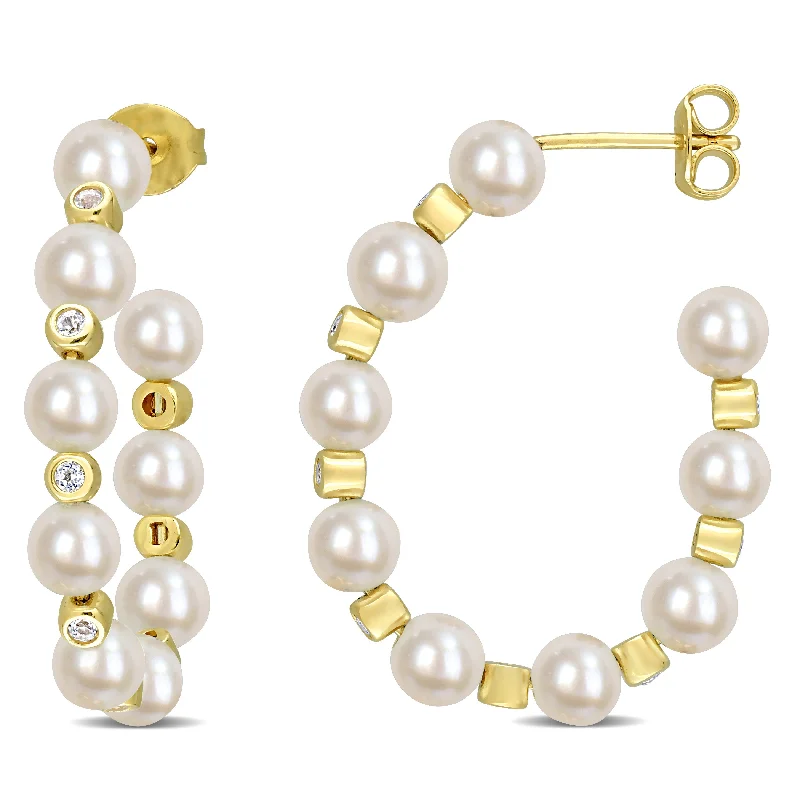 Best hoop earrings with Swarovski crystals for added sparkle and luxury-4.5-5 MM Freshwater Cultured Pearl and 1/2 CT TGW White Topaz Beaded Hoop Earrings in Yellow Plated Sterling Silver