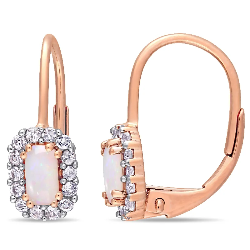 Hoop earrings with hammered copper for a warm and rustic aesthetic-5/8 CT TGW Opal White Sapphire Halo Leverback Earrings in 10K Rose Gold