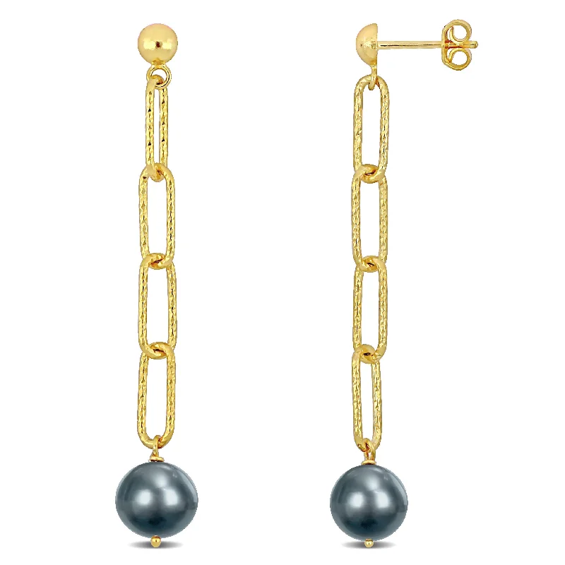 Hoop earrings with tortoiseshell designs for a chic and classic style-9-10mm Grey Cultured Freshwater Pearl Oval Link Earrings in 18k Yellow Gold Plated Sterling Silver