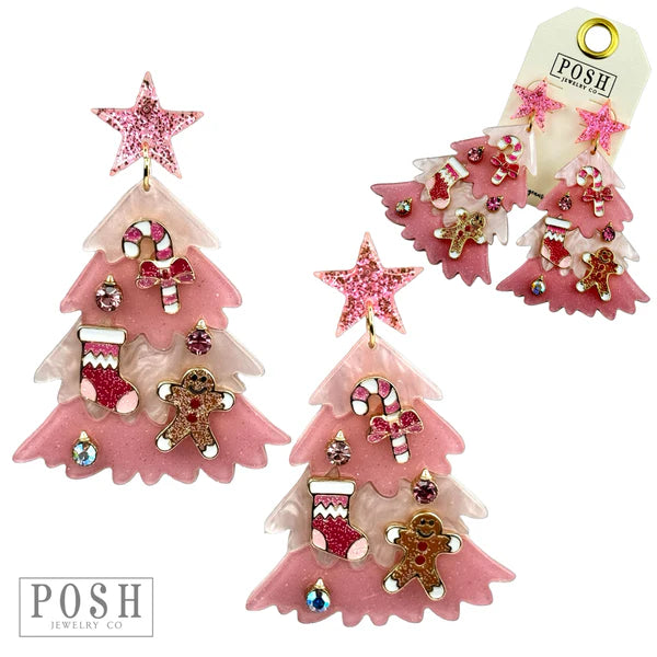 Best hoop earrings with sterling silver for an affordable and chic design-Acrylic Pink Decorated Christmas Tree Earring